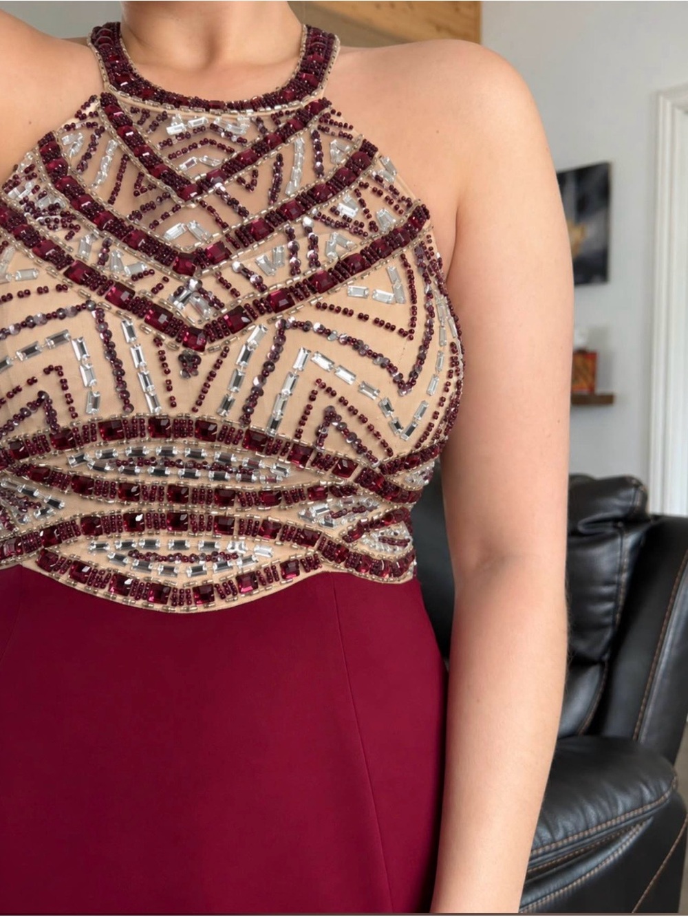 Beaded Halter Evening Dress in Burgundy with Nude Illusion Bodice